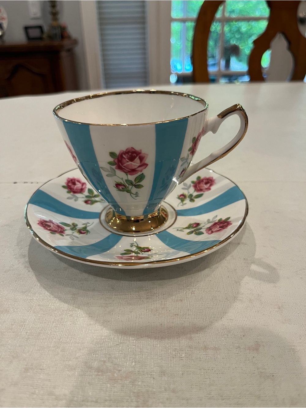 Vintage Stratford turquoise stripe floral rose Fine China teacup and saucer set.